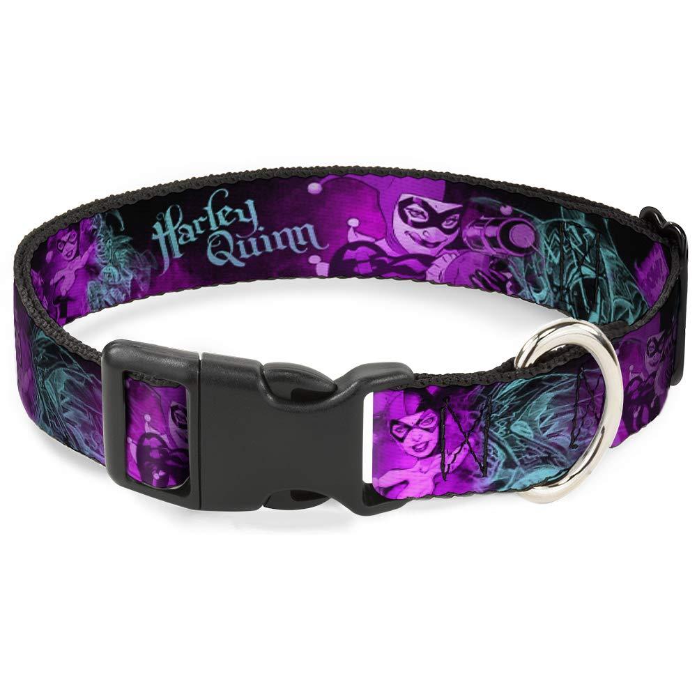 [Australia] - Dog Collar Plastic Clip Harley Quinn Pow Aiming Poses Joker Black Turquoise Fuchsia 15 to 26 Inches 1.0 Inch Wide 1.5" Wide - Fits 18-32" Neck - Large 