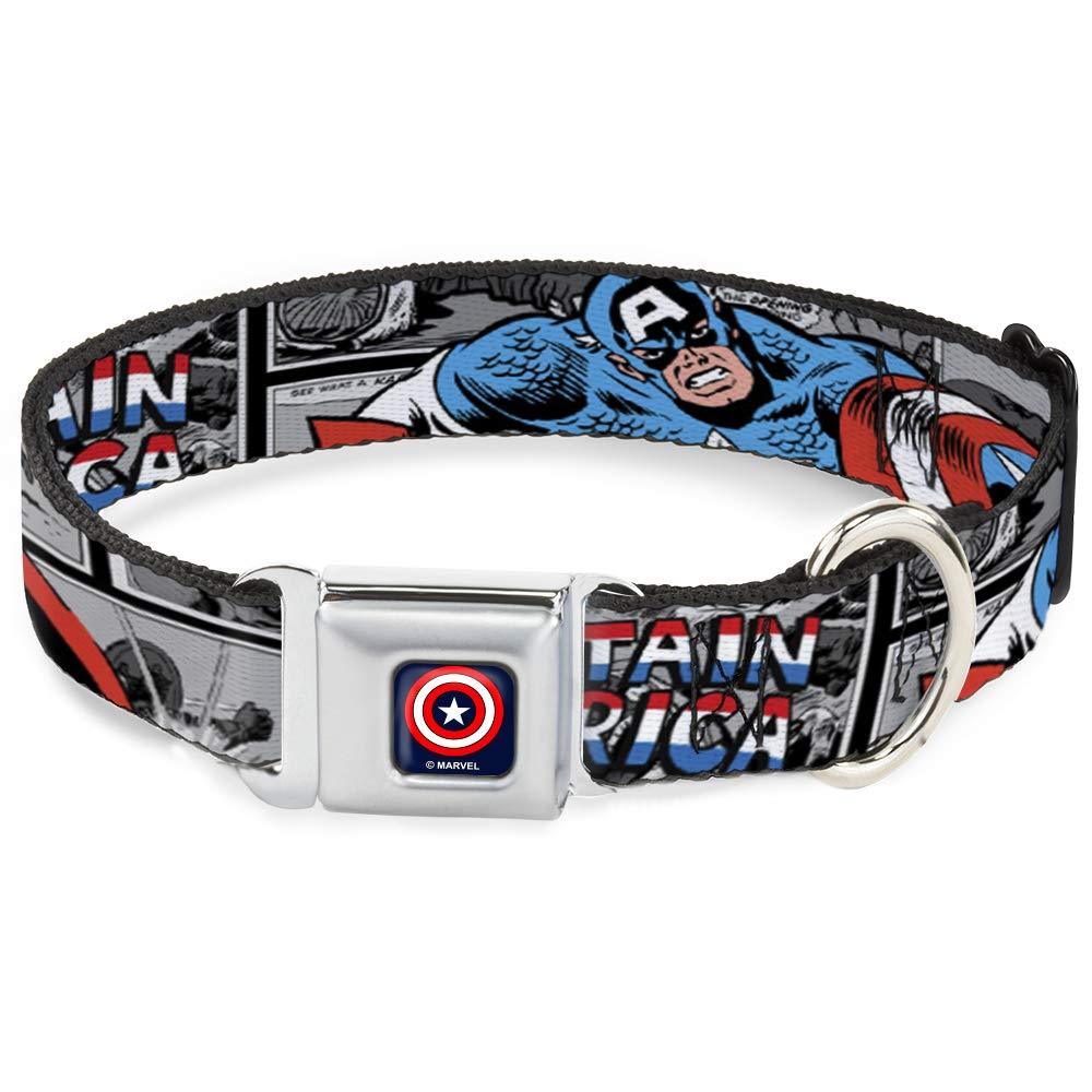 Buckle-Down Dog Collar Seatbelt Buckle Captain America 2 Poses Comic Blocks Grays Red White Blue Available in Adjustable Sizes for Small Medium Large Dogs 1" Wide - Fits 15-26" Neck - Large - PawsPlanet Australia