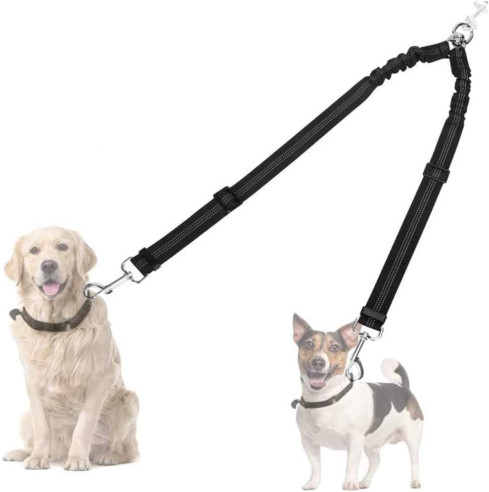 AUTOWT Double Dog Leash, No Tangle 360° Swivel Rotation Reflective Lead Attachment Adjustable Length Dual Two Dog Lead Splitter, Comfortable Shock Absorbing Walking Training for 2 Dogs Medium >20lbs Black-Adjustable - PawsPlanet Australia