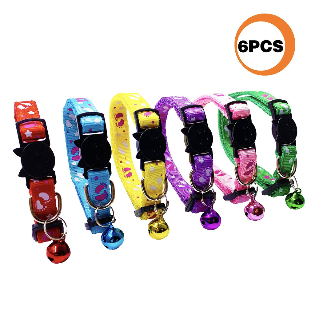 [Australia] - PACCOMFET 6 Pcs Breakaway Cat Collars Adjustable Colorful Nylon Safety Pet Collar Printed Footprint with Bells 