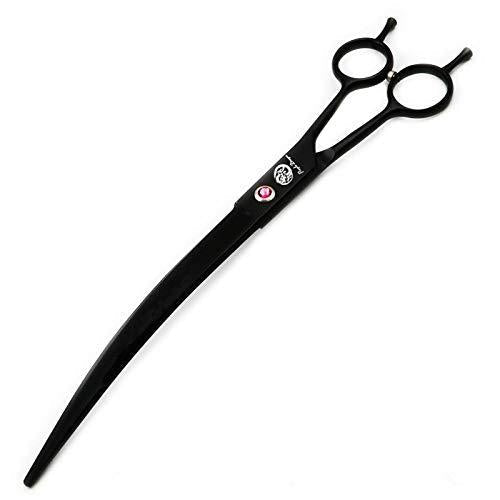 Purple Dragon 9.0" Twin Tails Straight or Curved Blade Pet Grooming Scissors Dog Hair Cutting Shears with Bag for Professional Left Handed or Right Hand Pet Grooomer Black Downward Curved - PawsPlanet Australia
