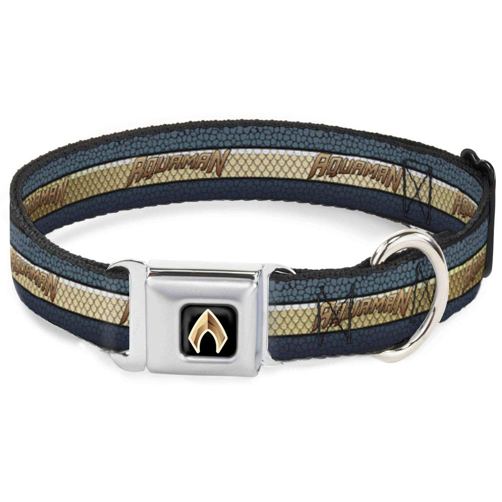 Dog Collar Seatbelt Buckle Aquaman Scales Stripe Blues Golds 15 to 26 Inches 1.0 Inch Wide (DC-WAQ008-L) - PawsPlanet Australia