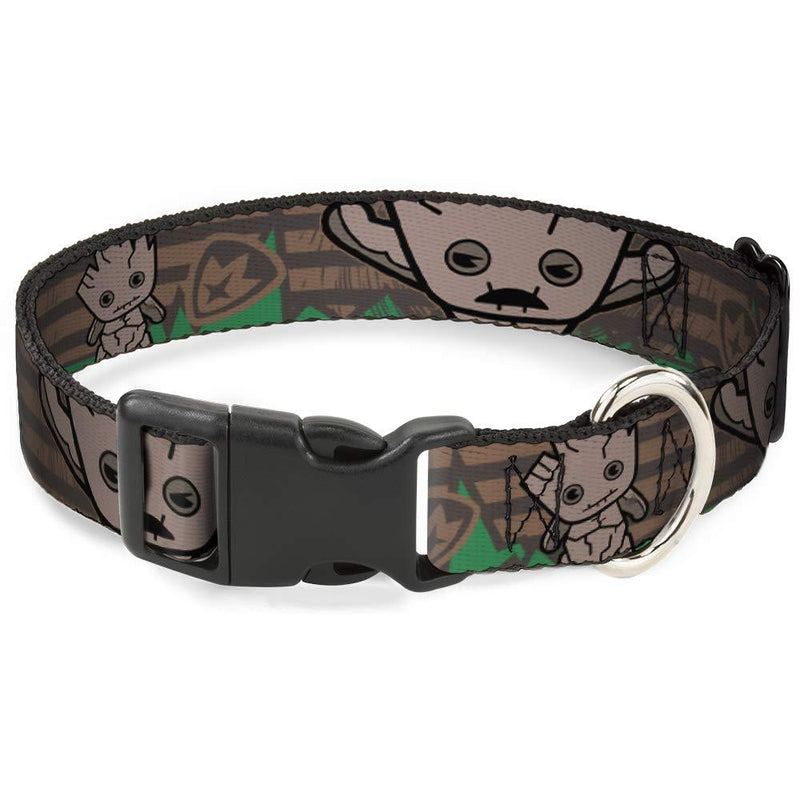 [Australia] - Dog Collar Plastic Clip Kawaii Groot 2 Poses Guardians Badge Browns Green 9 to 15 Inches 1.0 Inch Wide 