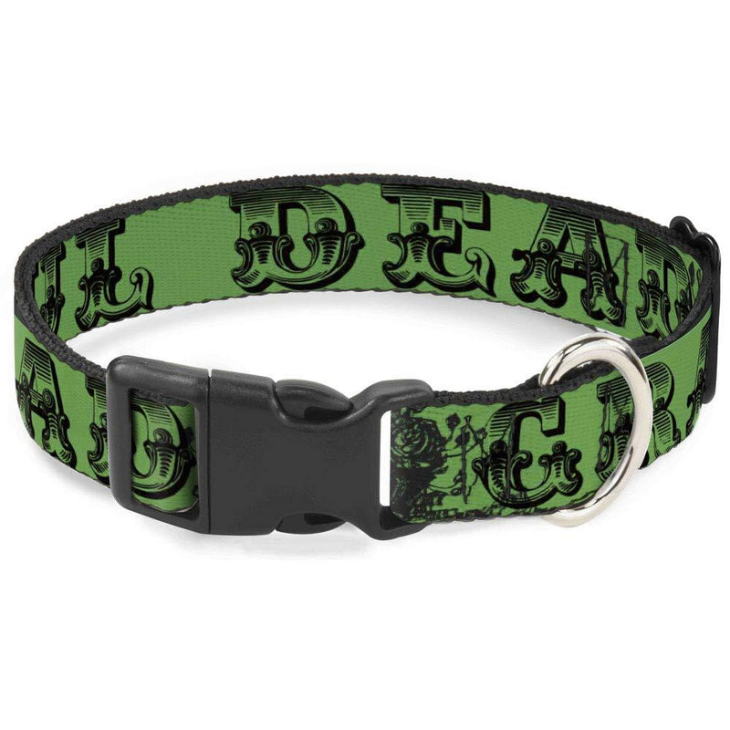 Buckle-Down Dog Collar Plastic Clip Grateful Dead Text Skull Roses Green 15 to 26 Inches - Large1.0 Inch Wide, Multicolor, Model Number: PC-WGD006-L - PawsPlanet Australia