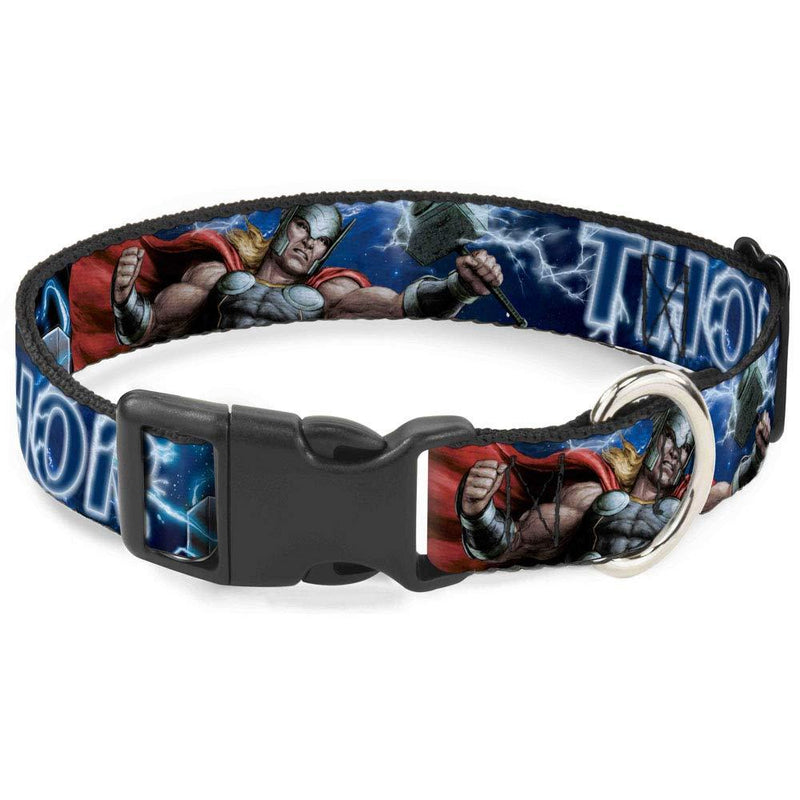 [Australia] - Buckle-Down Dog Collar Plastic Clip Avengers Thor Hammer Action Pose Galaxy Blues White Available in Adjustable Sizes for Small Medium Large Dogs 1" Wide - Fits 15-26" Neck - Large 