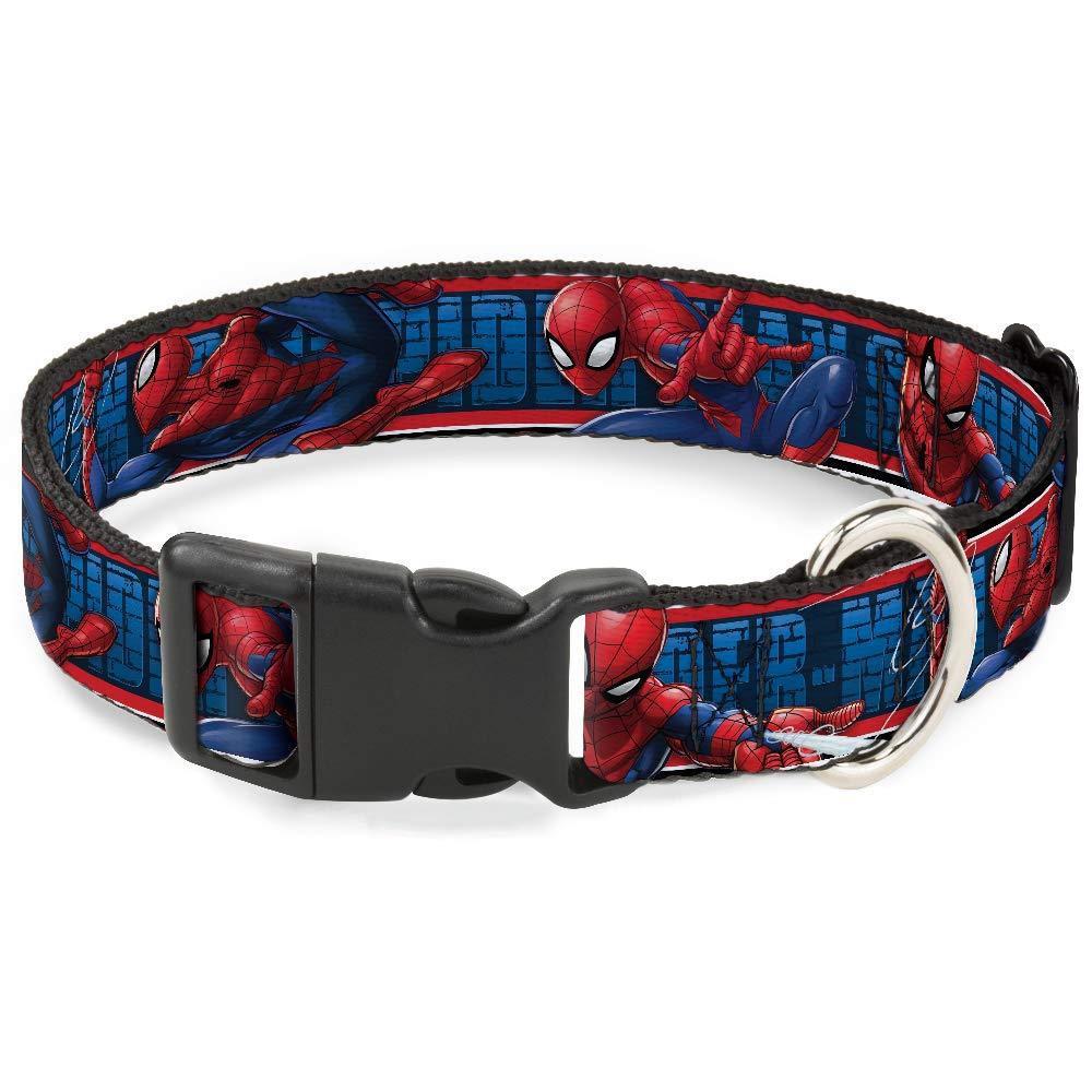 [Australia] - Buckle-Down Cat Collar Breakaway Spider Man 3 Action Poses Bricks Stripe Blues Red White 8 to 12 Inches 0.5 Inch Wide 