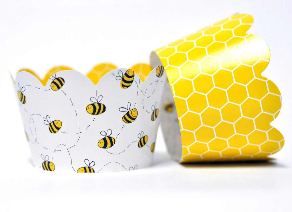 Honey Bee Cupcake Wrappers for Gender Reveal, Birthday Parties, Bridal Showers, Baby Showers, or Backyard Summer gatherings. Set of 24 Honey Bee Scalloped Cup Cake Holder Wraps. Yellow, Black - PawsPlanet Australia