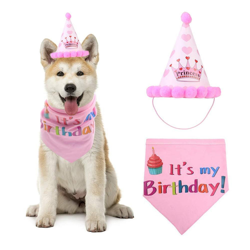 Qivange Dog Birthday Bandana for Girls Boys, Pet Scarfs and Reusable Hat for Small to Large Doggie Cats Party Decoration Pink - PawsPlanet Australia