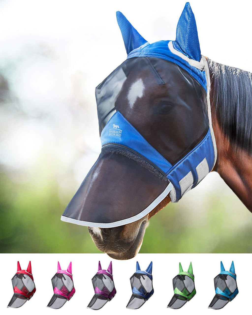 Harrison Howard CareMaster Pro Luminous Horse Fly Mask Long Nose with Ears Large (Full Size) Aquamarine - PawsPlanet Australia