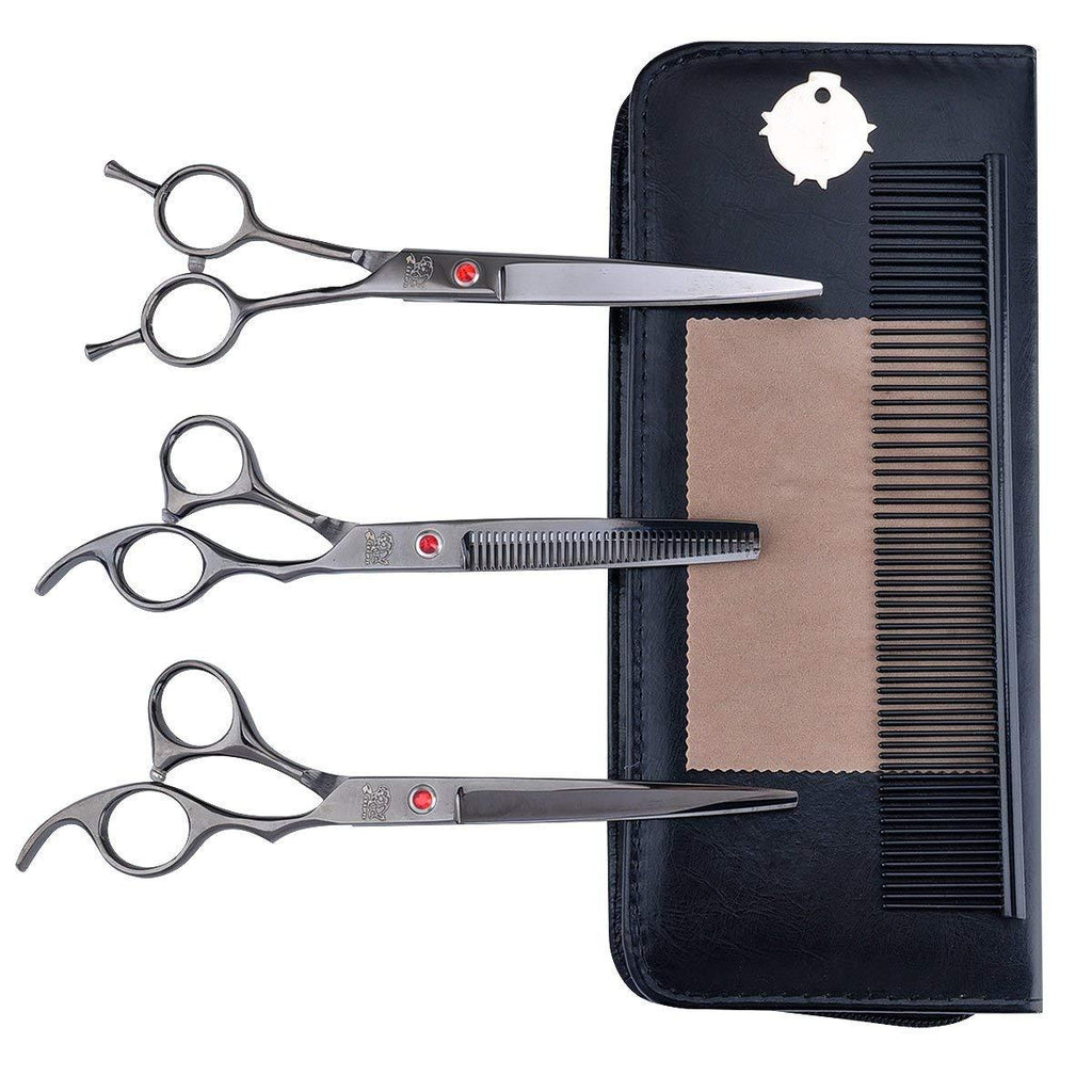 [Australia] - Pet Grooming Scissors 7.0 inch Stainless Steel Premium Curved Dog Grooming Scissor Set for Dogs Cats Hair Cutting 4pcs-Black 