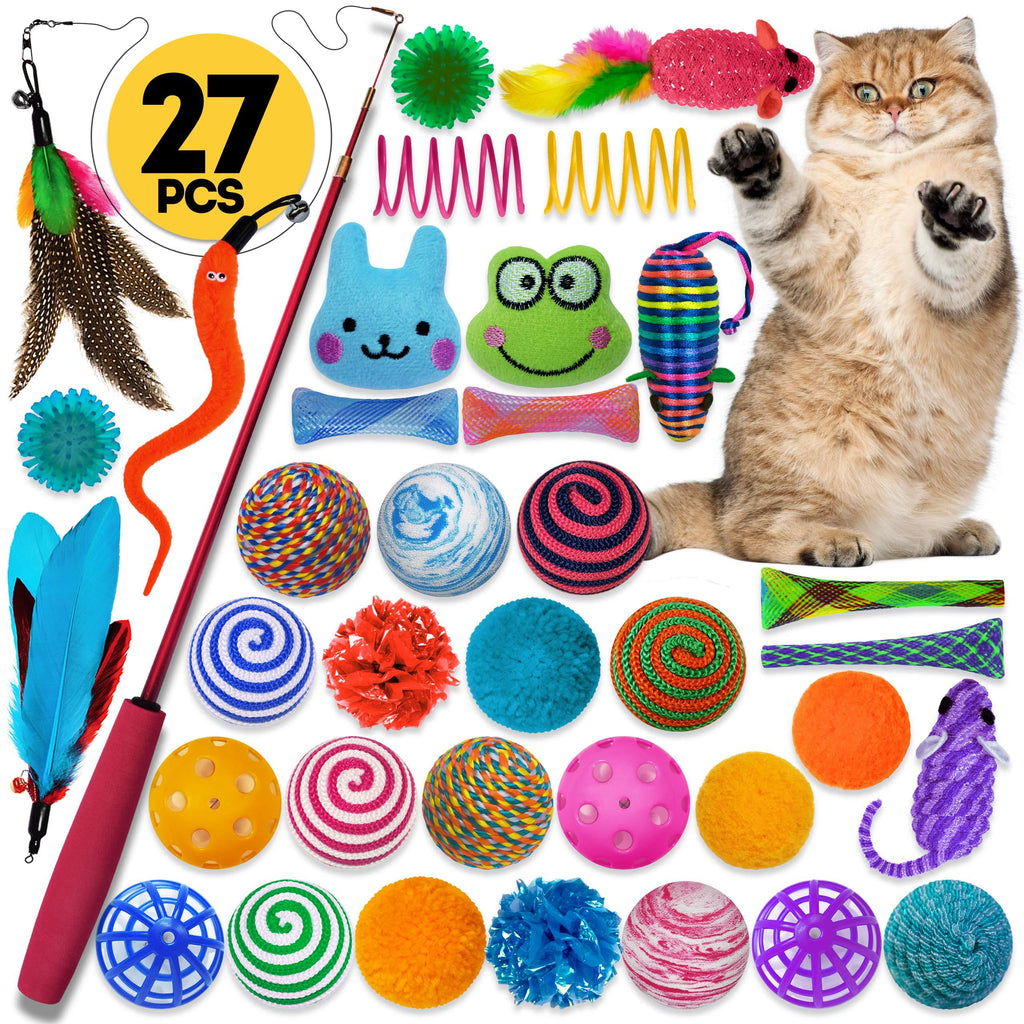[Australia] - Cowfish Cat Toys Kitten Toys Assortments, 27PCS Variety Toy Set Including Cat Feather Teaser Wand, Feather Toys, Mice, Catnip Toys, Colorful Balls, Bells for Cat, Kitty, Kitten 