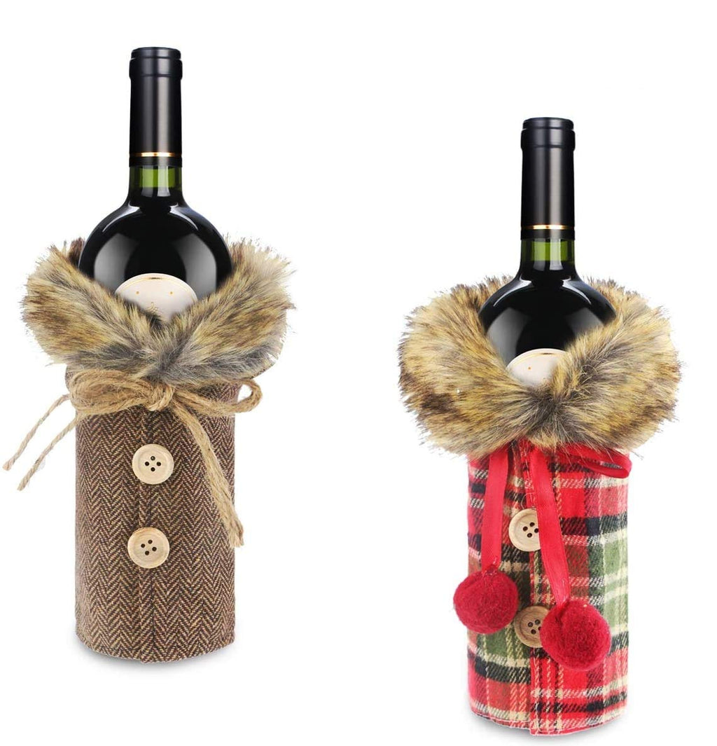 2 Set Of Christmas Sweater Wine Bottle Clothes, Oruuum Fur Collar & Button Coat Design Decorative Linen Bottle Sleeve Wine Bottle Sweater For Christmas Gifts Xmas Party Decorations - PawsPlanet Australia