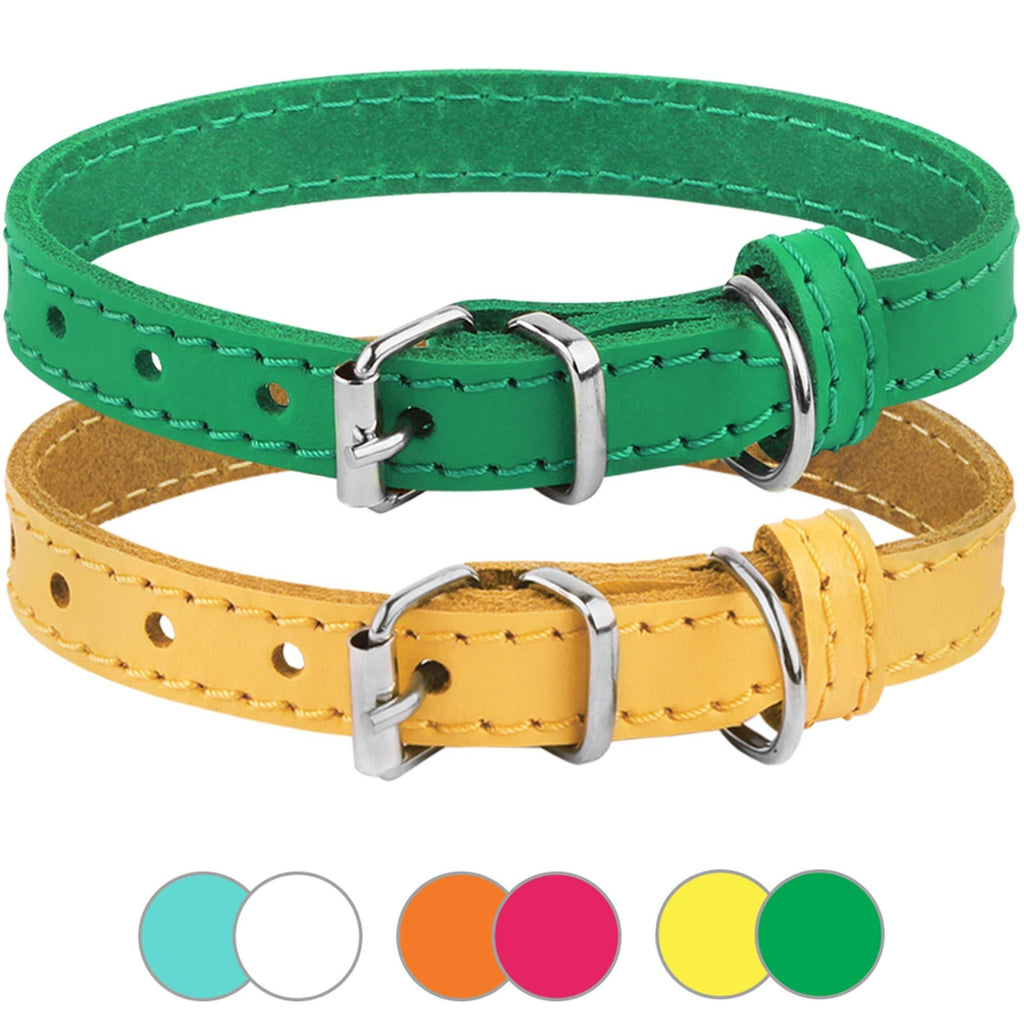 [Australia] - BRONZEDOG Leather Cat Collar Pack of 2 PCS, Pet Collars for Kitten Puppy Small Dogs Cats Yellow Green Pink Orange White Turquoise Neck Size 7'' - 10'' Green & Yellow 