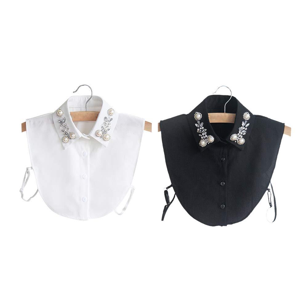 [Australia] - Fellibay Fake Collars for Women False Collar Detachable Blouse Collar Dicky Collar with Pearl and Rhinestone 2 Pack White Black, 39 cm 