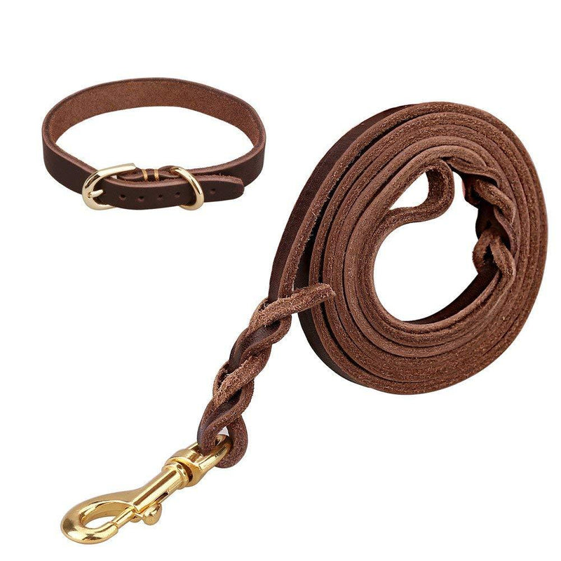 [Australia] - cocopet 5FT Luxury Handmade Heavy Duty Genuine Leather Dog Leash Coupler and Collar Set Durable and Strong for Training Walking Small Dogs Brown (XS) 