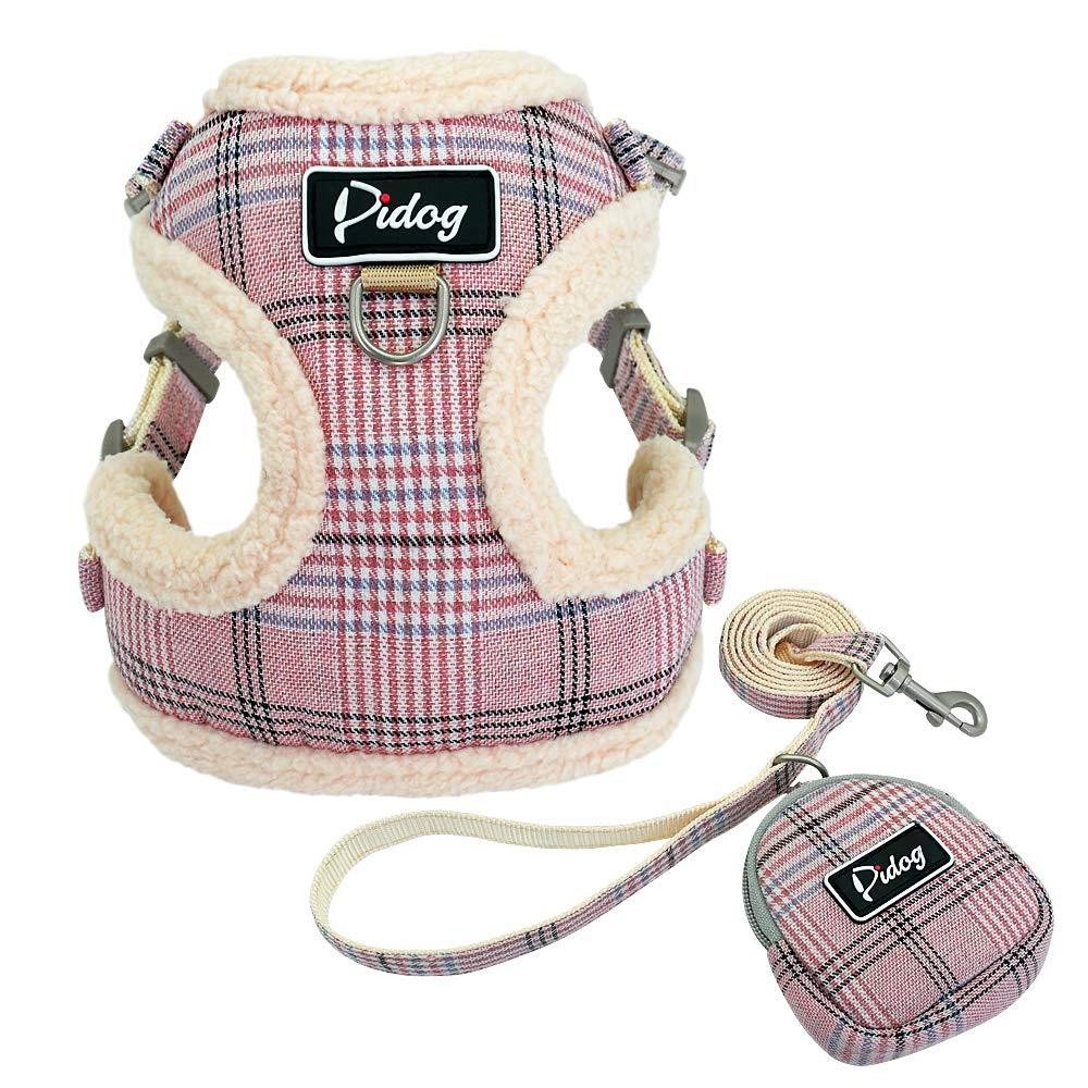 [Australia] - Didog Soft/Cosy Dog Vest Harness and Leash Set with Cute Bags,No Pull Escape Proof Breathable Mesh Dog Harness,Classic Plaid/Back Openable,Fit Walking Small Dogs, Cats S:Chest 13.5-15",Neck 12.5-14" PINK 