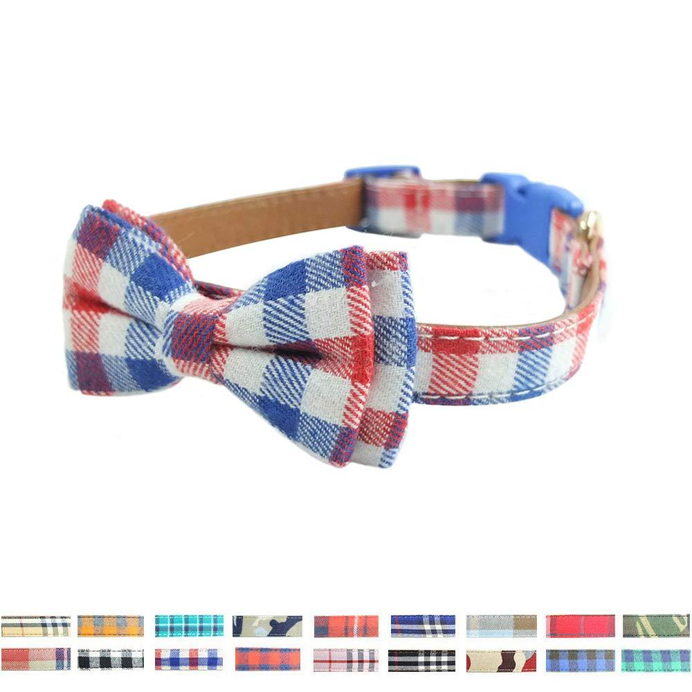 [Australia] - Bow Tie Dog Collar - Cute Plaid Sturdy Soft Cotton&Leather Dog Collars for Small Medium Large Dogs Breed Puppies Adjustable 18 Colors and 3 Sizes M 13"-18" red/White/Blue Plaid 