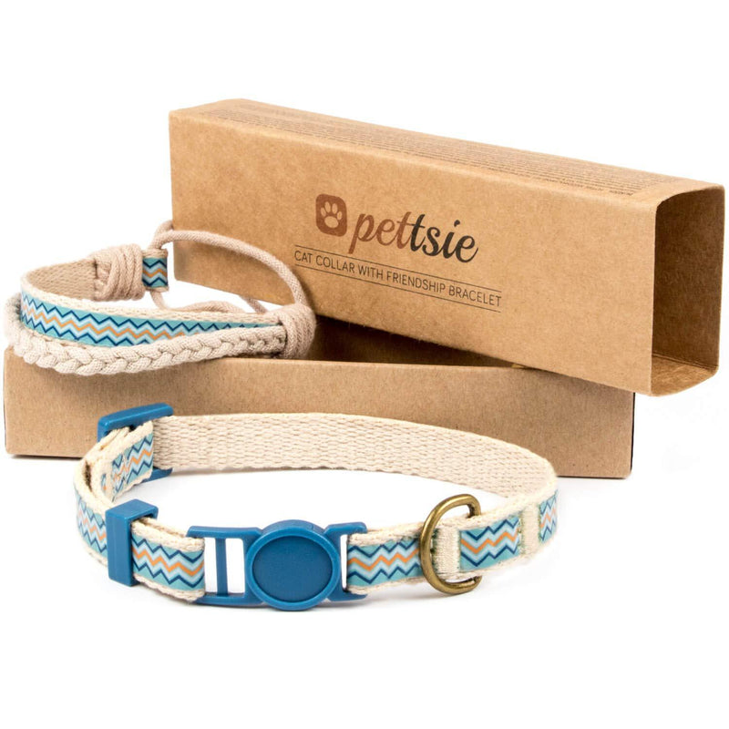 [Australia] - Pettsie Cat Kitten Collar Breakaway Safety and Friendship Bracelet for You, Durable 100% Cotton for Extra Safety, Easy Adjustable, D-Ring for Accessories, Gift Box Included 5"-8" Neck Blue 