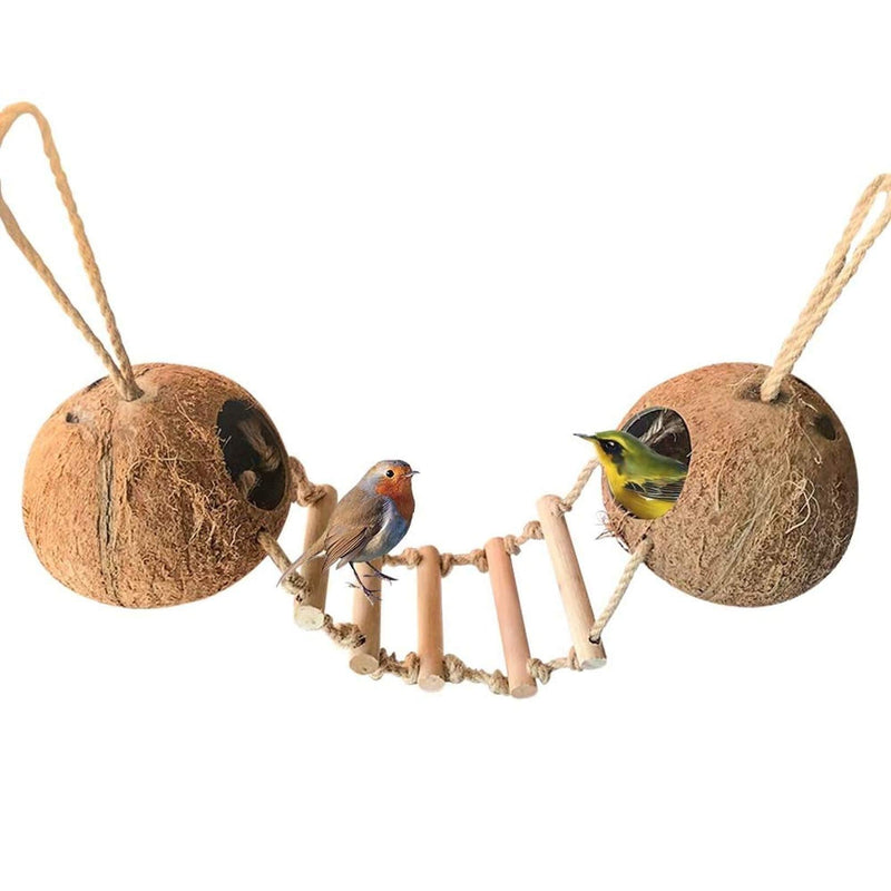 BLSMU Bird Hides Coconut Nest with Wood Ladder,Syrian Hamster Cage Hanging Natural Coco Shell Hut Hide Toy with Wooden Bridge,Hollow Hideaway Toys for Small Animal Rat Lovebird Finches - PawsPlanet Australia