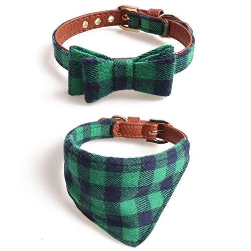 [Australia] - Fourhorse Small Dog and Cat Collars with Cute Flowers Bandana, Adjustable Buckle Soft and Comfortable XS green grid 