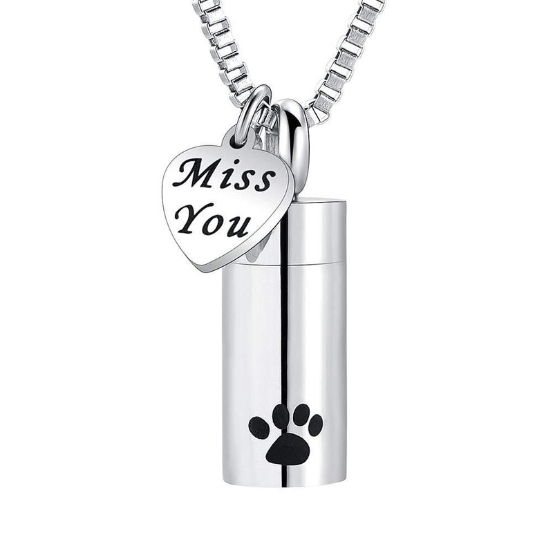[Australia] - XSMZB Cremation Jewelry for Ashes Pendant Stainless Steel Pet Paw Print Cylinder Keepsake Ash for Dog Cat Memorial Urn Necklaces for Ashes Silver 