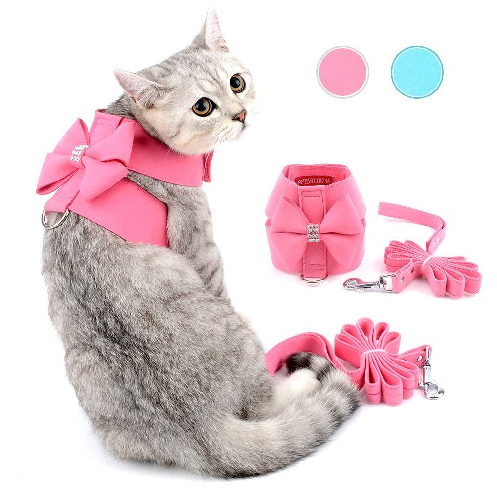 [Australia] - Zunea Pet Dog Vest Harness for Small Dog Girl Bow Tie No Pull Soft Suede Leather Puppy Harness Leash Set Adjustable Bling Rhinestone Cat Kittens Harnesses Escape Proof for Walking Running M (Neck: 12"; Chest: 14",for 6-10 lbs) Pink 