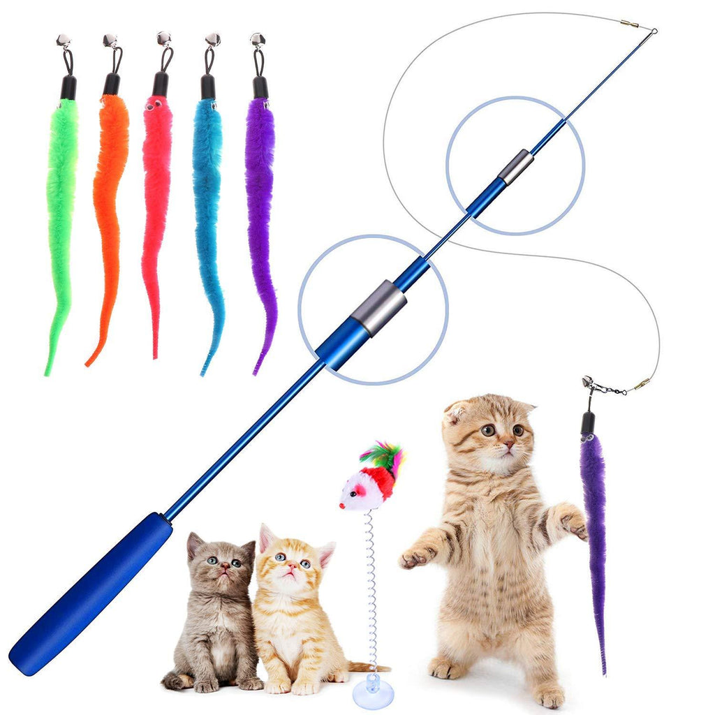 [Australia] - Retractable Cat Toys Wand with 5 Piece Teaser Refills, Interactive Cat Feather Toy for Cat Kitten Having Fun Exerciser Playing Blue 