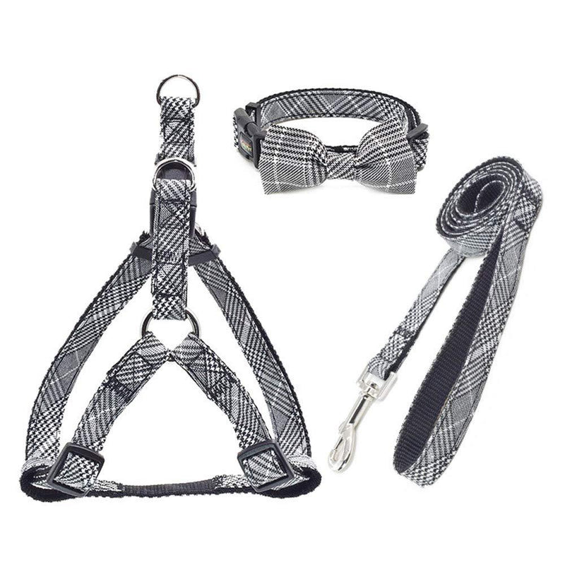 [Australia] - LZYMSZ Dog Harness Adjustable & Durable Plaid Pet Harness,3 Pack(Vest Harness&Bow Collar&Leash) Anti-Twist Dog Leash Set for Small Medium Large Puppy,Perfect for Daily Walking Training Running GREY 