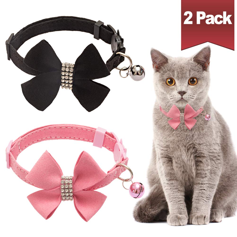 [Australia] - BINGPET Cat Collar Breakaway with Bell Bowtie, Adjustable Safety Buckle,Velvet Rhinestone Diamond, 2 Pack, Pink&Black 