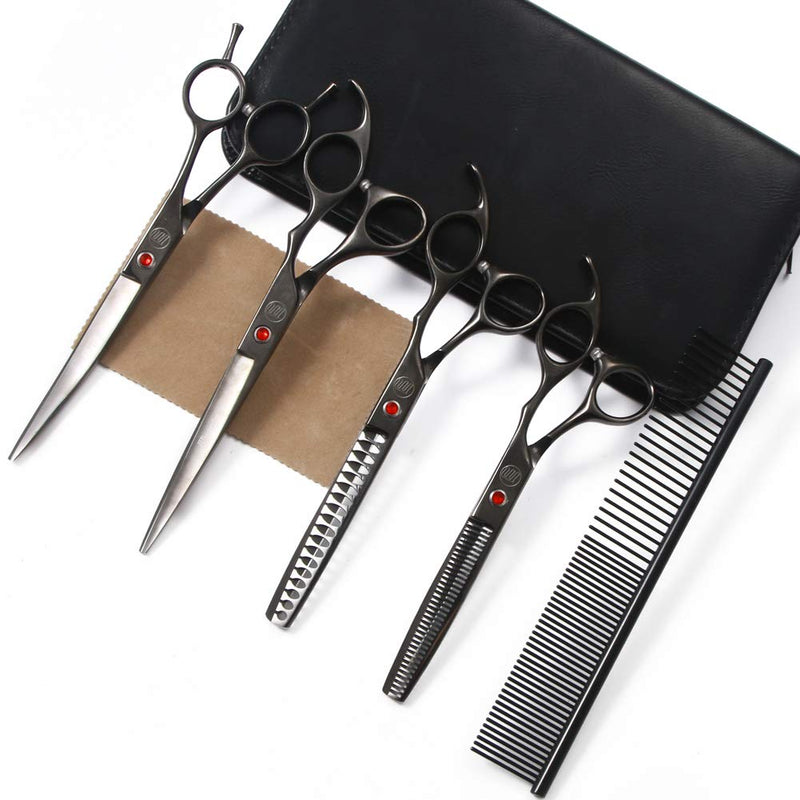 Moontay Professional Dog Grooming Scissors Set, 7 Inch/8 Inch Pet Grooming Scissors Chunkers Shears for Dog, Curved Dog Grooming Scissors, Thinning Shears for Dog with Grooming Comb 7 Inch (Pack of 5) Black - PawsPlanet Australia