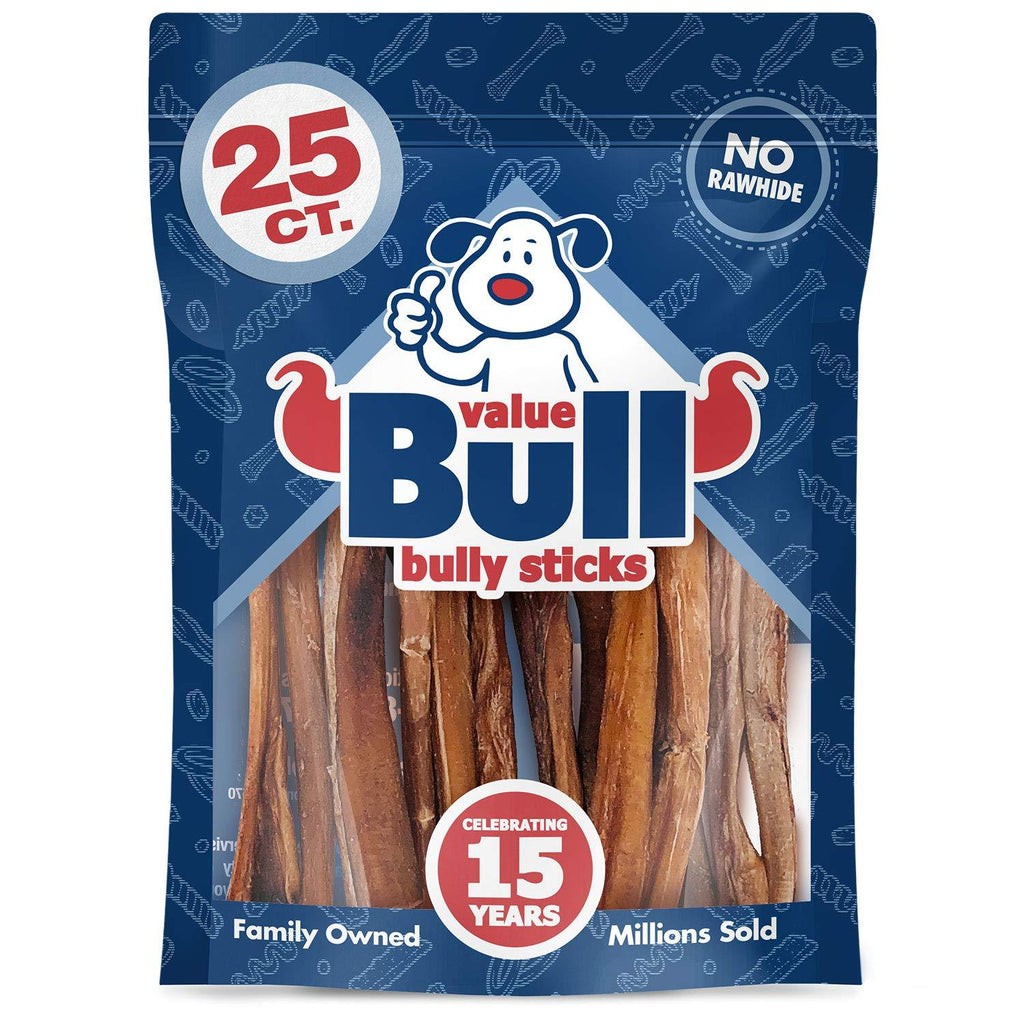 [Australia] - ValueBull Bully Sticks, Extra Thin 5-6 Inch, Varied Shapes, 25 Count - All Natural Dog Treats, Rawhide Alternative, Angus Beef, Free Range, Single Ingredient, Fully Digestible, Cleans Teeth 