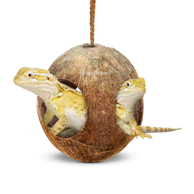 SunGrow Leopard Gecko Coco Hut, Raw Coconut Shell Hide, Terrarium Décor, Includes Three Holes with 2.4” Opening Diameter, with Fiber Loop for Hanging, 5.1" (Total Circumference), 1 Piece Per Pack - PawsPlanet Australia