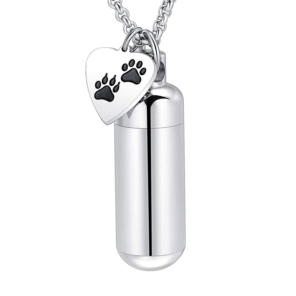 [Australia] - Hearbeingt Cremation Jewelry Necklaces for Ashes for Pet Dog and Cat, Cylinder Memorial Pendant Made of 316L Stainless Steel with Heart Pet Paw Print. Silvery 