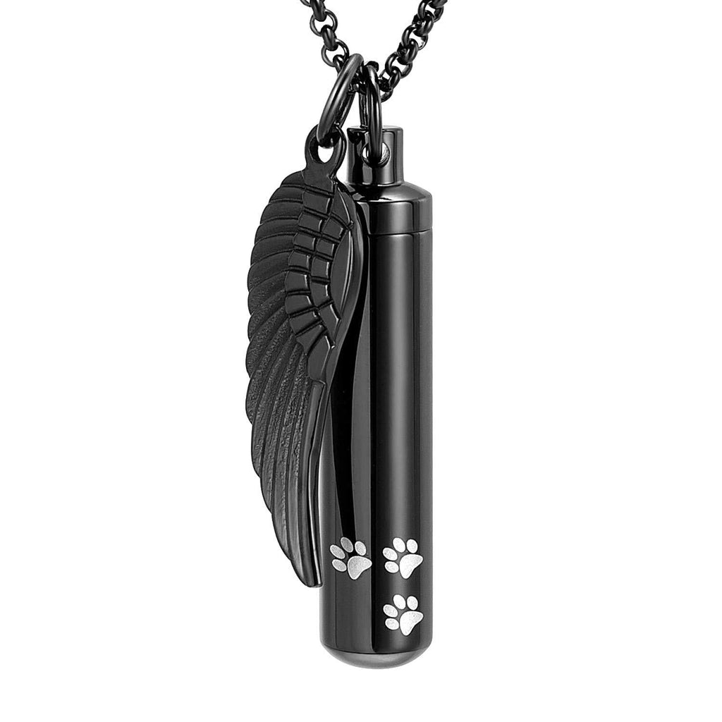 [Australia] - Hearbeingt Cremation Jewelry Necklaces for Ashes for Pet Dog and Cat, Cylinder Memorial Pendant Made of 316L Stainless Steel with Charm Wing. Black 