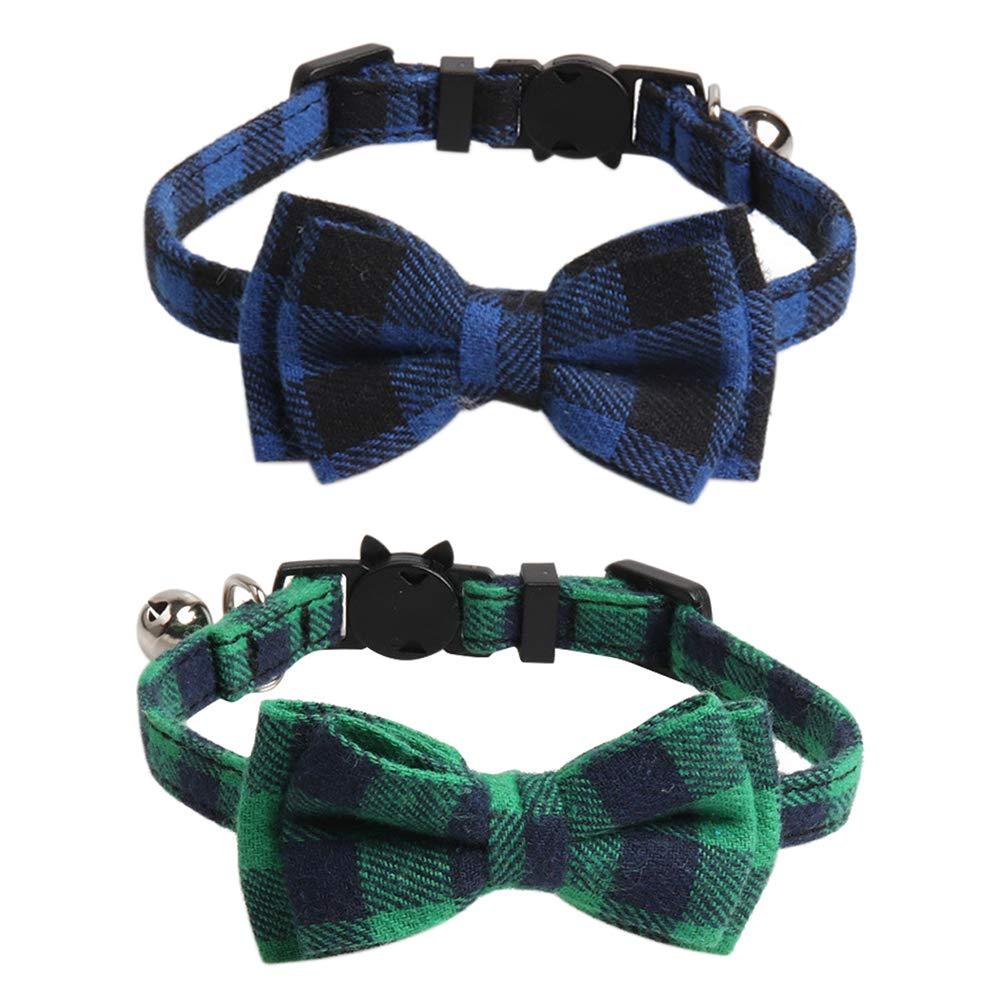 [Australia] - Imikoko Cat Collar Breakaway with Cute Bow Tie and Bell for Kitty Adjustable Safety Plaid 2 Pack/Set (Blue&Green) Blue&Green 