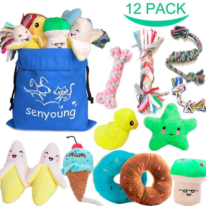 [Australia] - SenYoung Dog Toys,12 Pack Dog Squeaky Rope Chew Toy Sets, Interactive Cute and Safe Stuffed Plush Squeaker Toys, Tough Puppy Teething Cotton Tug Toys, Durable and Washable, for Small/Medium Dogs 