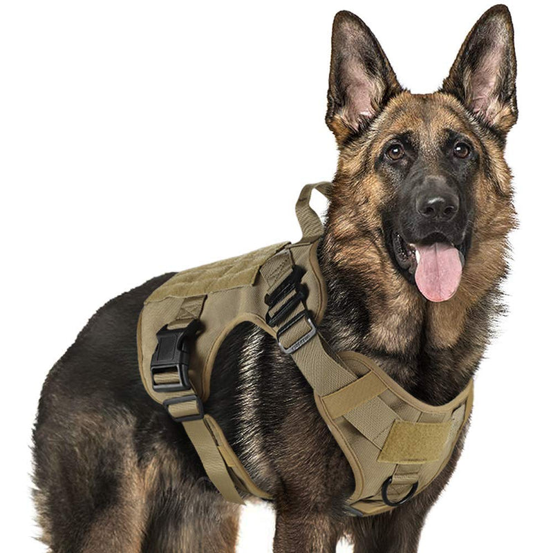 [Australia] - rabbitgoo Tactical Dog Harness Vest Large with Handle, Military Working Dog Molle Vest with Metal Buckles & Loop Panels, No-Pull Adjustable Training Harness with Leash Clips for Walking Hiking Hunting L: Neck (24.8-34.6"). Chest (31.5-41.3”) Tan 