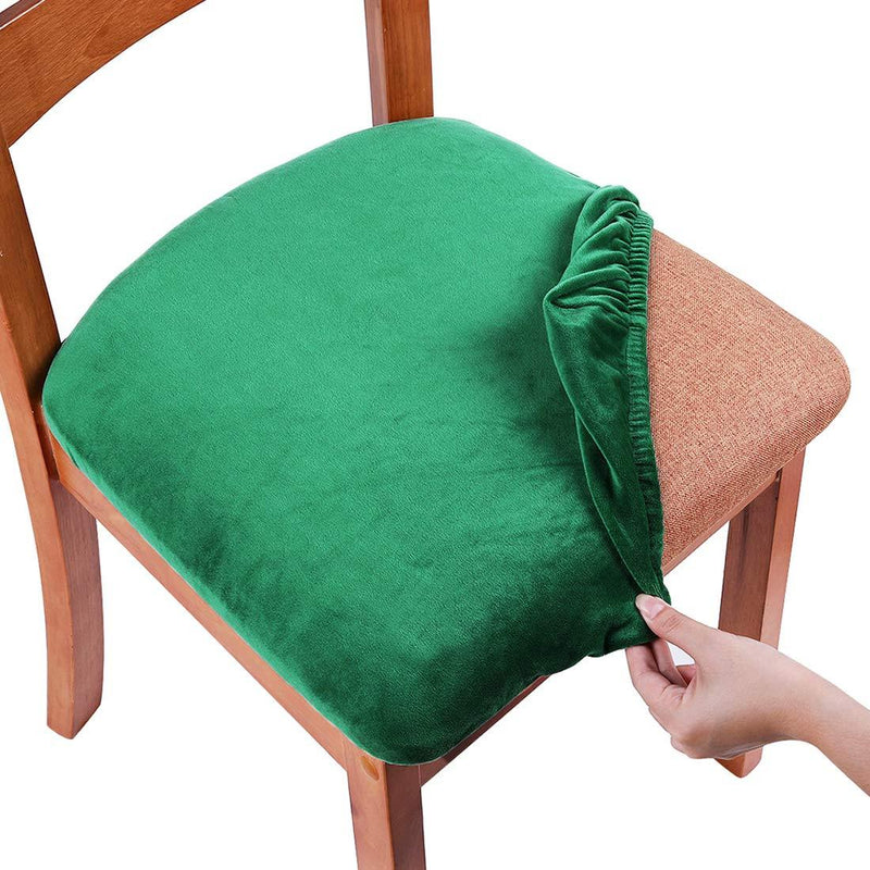 smiry Original Velvet Dining Chair Seat Covers, Stretch Fitted Dining Room Upholstered Chair Seat Cushion Cover, Removable Washable Furniture Protector Slipcovers with Ties - Set of 6, Green 6PCS - PawsPlanet Australia