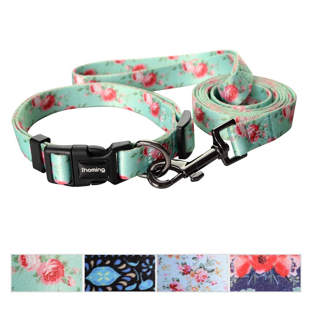 [Australia] - Ihoming Dog Collar and Leash Combo in Bohemia, Morocco, Floral and Dot Style Fit Small, Medium and Large Pet S-Up to 20 LBS Floral-Spring 