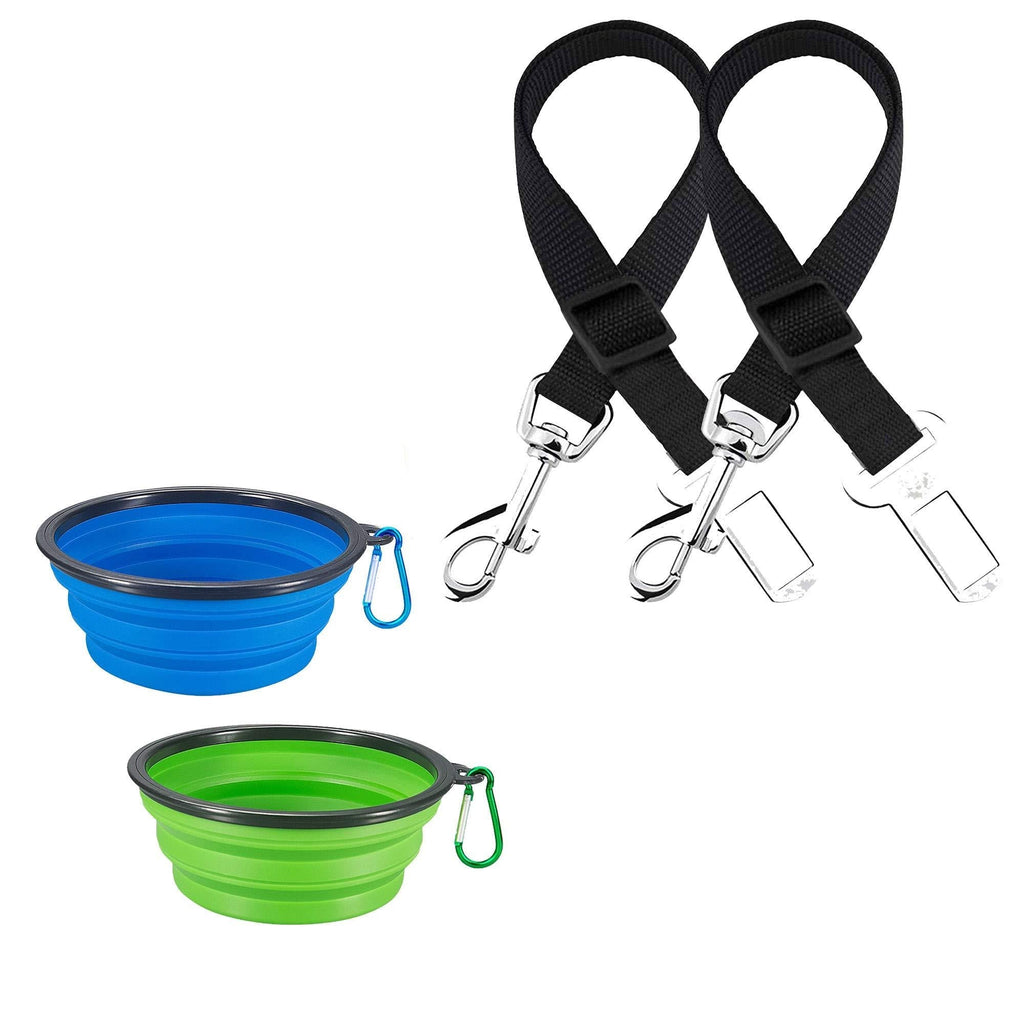 [Australia] - GTOTd 2 Packs Adjustable Pet Dog Cat Car Seat Belt Safety Leads Vehicle Seatbelt Harness(and 2 Packs Collapsible Dog Bowl) Portable Travel Pet Set 