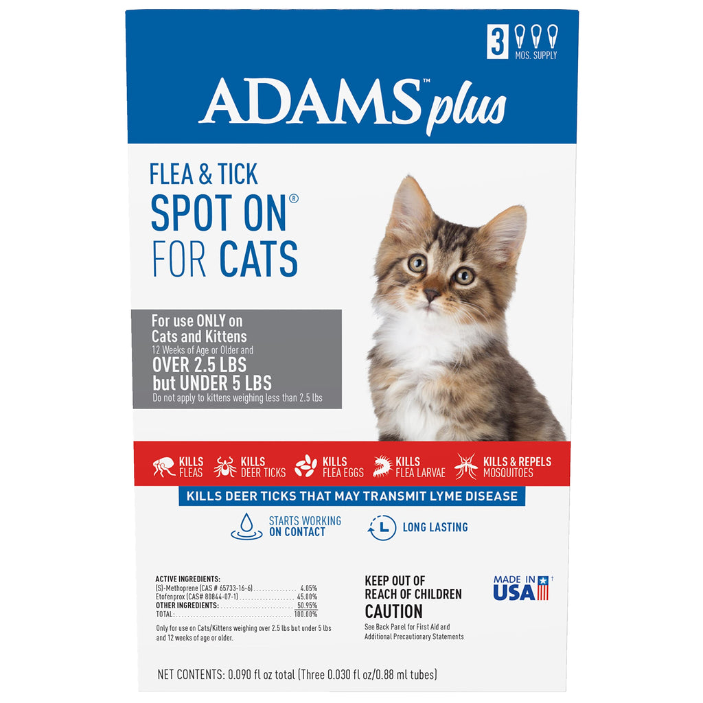 Adams Plus Flea & Tick Spot On for Cats Over 2.5 lbs but Under 5 Pounds 3 Month Supply - PawsPlanet Australia