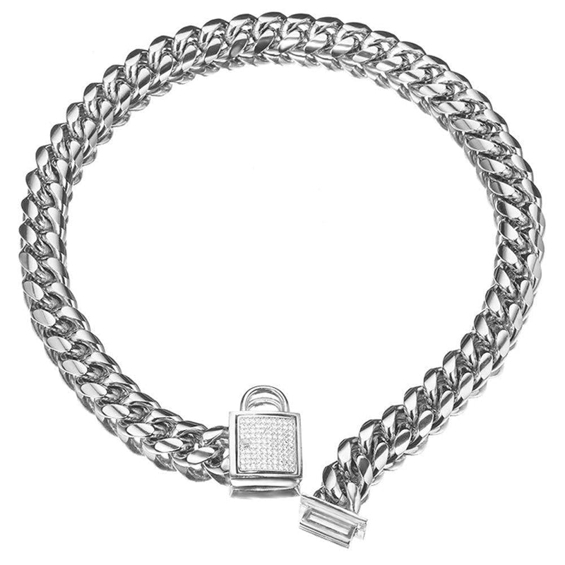 [Australia] - Abaxaca Top Dog Collar White Silver Tone Stainless Steel 14mm Big Dog Luxury Training Collar Cuban Link with Zirconia Lock Necklace Chain Choker for Dog 20 inch(for 17.1"~19"Neck) 
