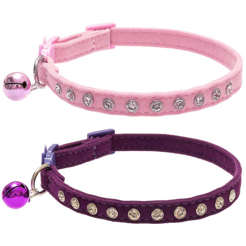 BINGPET Cat Collar with Bells Breakaway, Soft Velvet Safe Adjustable Collars with Bling Diamante, Pink&Purlpe, 2 Pack - PawsPlanet Australia