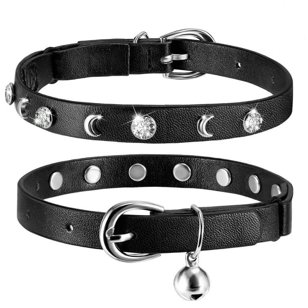 Joansan Adjustable Cat Collars Bell and Rhinestone, Basic Classic Black Leather, Safety Pet Cats Collar with Elastic, Length 7-10 Inch Fit for Cats, Kitten and Puppy - PawsPlanet Australia