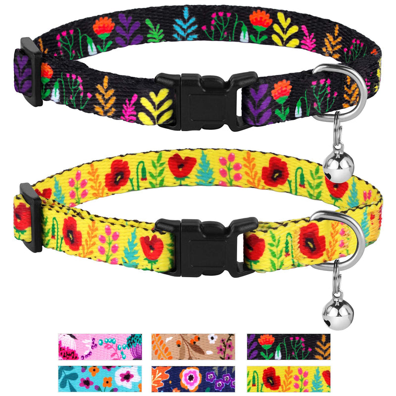 [Australia] - CollarDirect Cat Collar with Bell Floral Pattern 2 Pack Set Flower Adjustable Safety Breakaway Collars for Cats Kitten Black + Yellow 