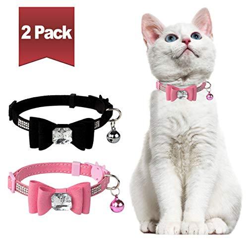 [Australia] - BINGPET Breakaway Cat Collar with Bowtie Diamonds and Bell Adjustable Safety for Puppy Kitten, Pink&Black (2 Pack) 