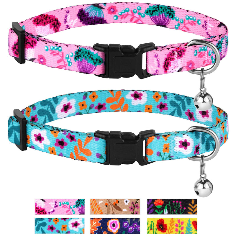 [Australia] - CollarDirect Cat Collar with Bell Floral Pattern 2 Pack Set Flower Adjustable Safety Breakaway Collars for Cats Kitten Pink + Aquamarine 