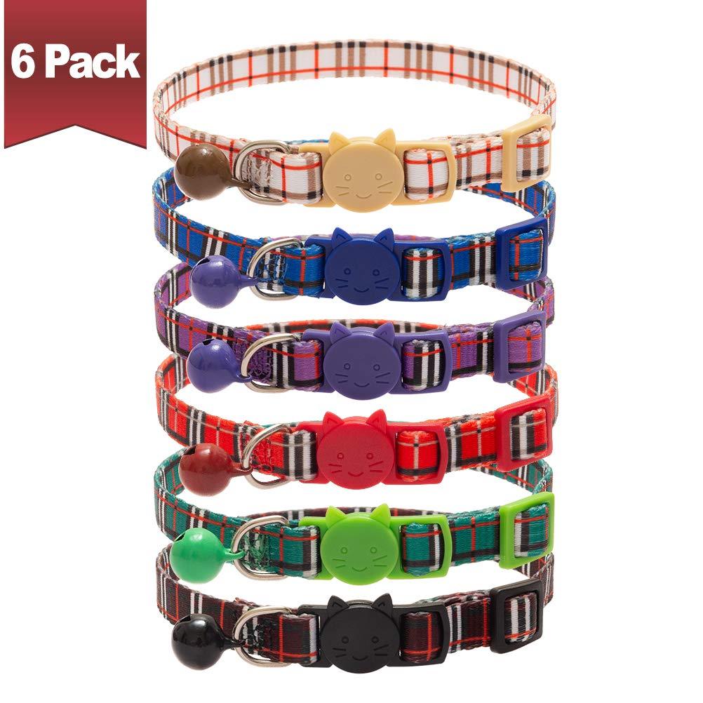 [Australia] - BINGPET Breakaway Cat Collars with Bell, Safety Buckle Plaid Patterns Mixed Colors, Adjustable Kitten Collars from 7.8-11.8 Inch, 6 Pack 