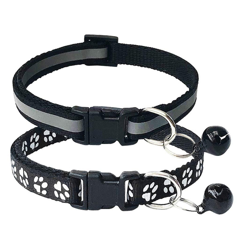 [Australia] - CHBORCHICEN 2-Pack Footprint & Reflective Cat Collar with Bell Basic Dog Cat Collar Buckle Adjustable Polyester Cat Dog Collar or Seatbelts X-Small Black 