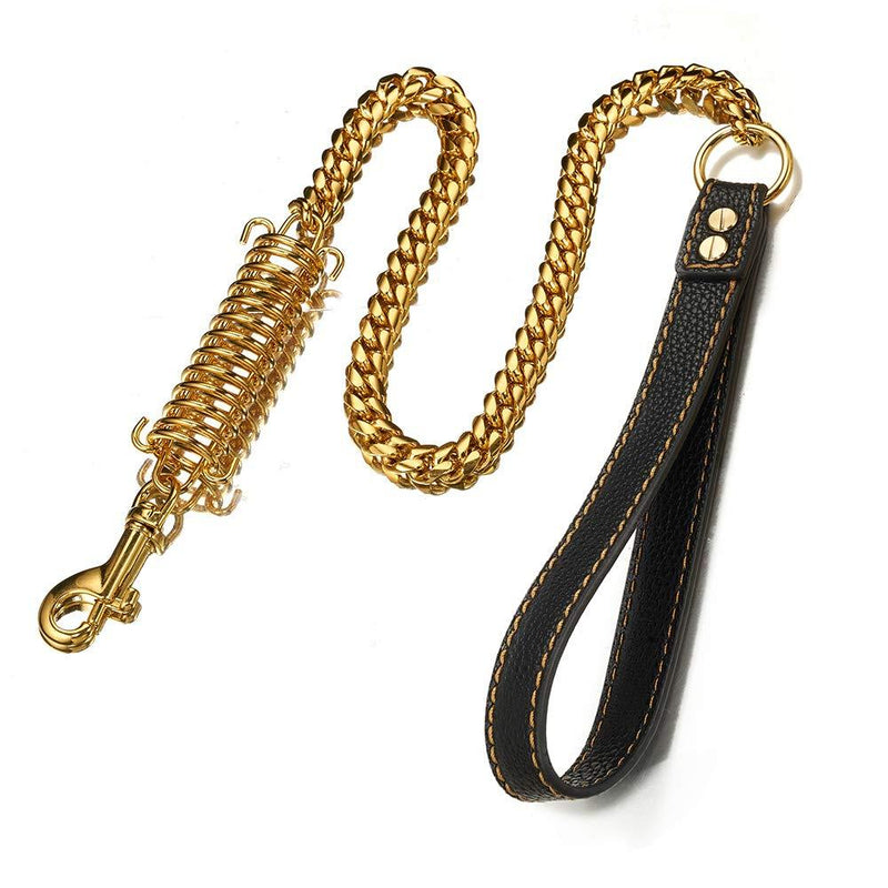 [Australia] - Aiyidi 1ft, 2ft, 3ft Strong Gold Metal Cuban Curb Link Chain 14mm Stainless Steel Dog Safety Leash Buffer Spring Labor-Saving Genuine Leather Handle Dog Leash 2ft (24inch) for Medium dog 